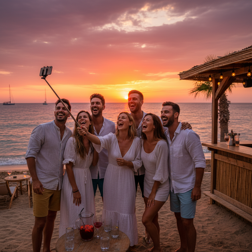 Group of friends laughing and taking a selfie at a beach bar during sunset, Greece, horizontal