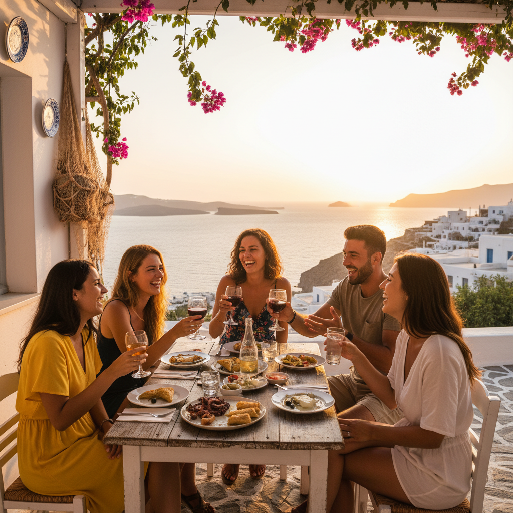 A group of friends enjoying drinks and conversation at a traditional taverna, Greece, horizontal