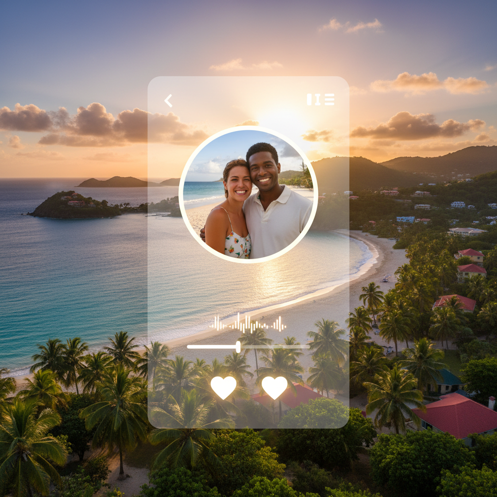 Couple watching sunset Grand Anse Beach Grenada Caribbean romantic evening