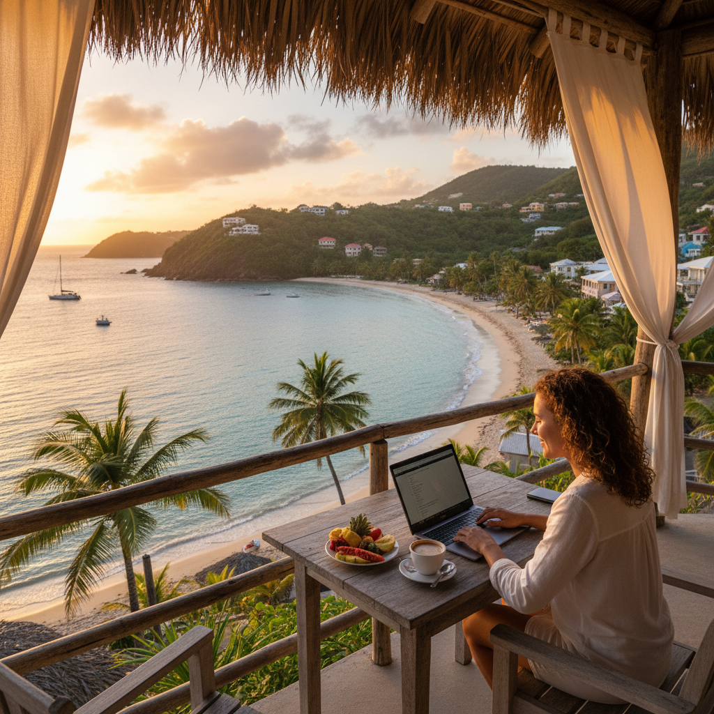 Young Grenadian professional smartphone St George's cafe harbor terrace