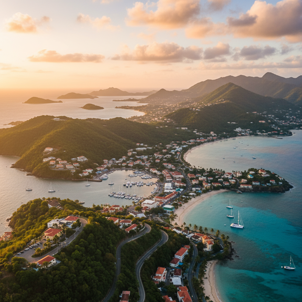 Grenada Caribbean island Grand Anse Beach turquoise water aerial palm trees