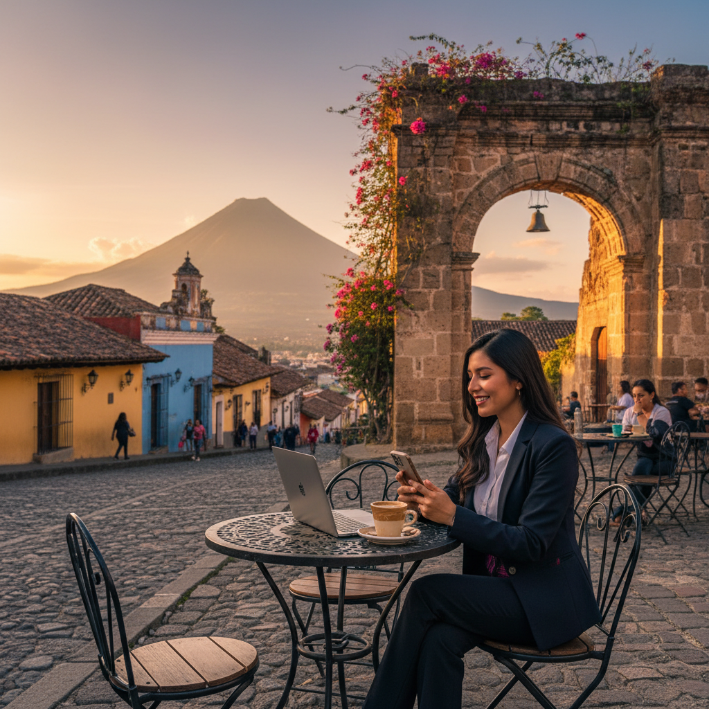 Young Guatemalan professional smartphone Antigua cafe colonial