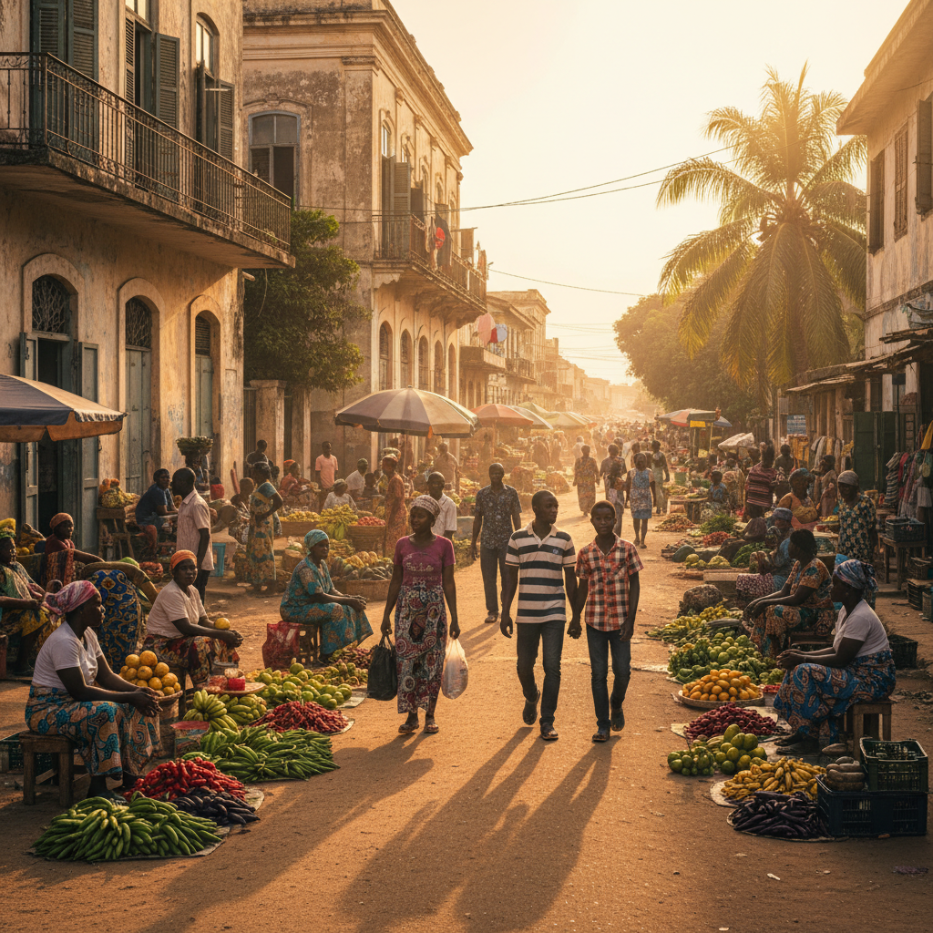vibrant street scene in Bissau with local vendors and pedestrians, sunny day, wide angle