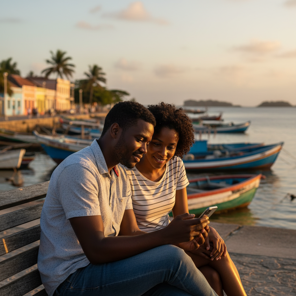 couple looking at a smartphone together on a bench in Bissau, subtle smile, soft focus