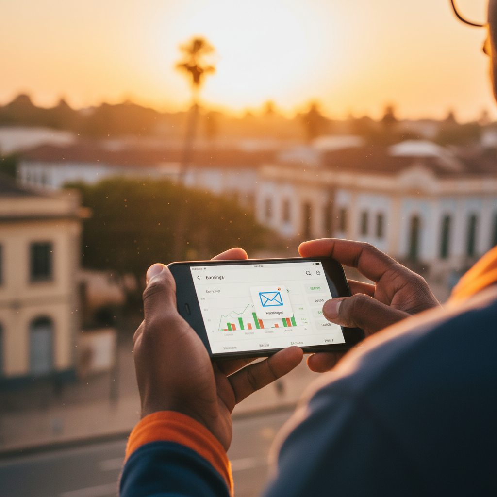 person using a mobile phone to check earnings or messages in Bissau, close-up on hands and phone screen