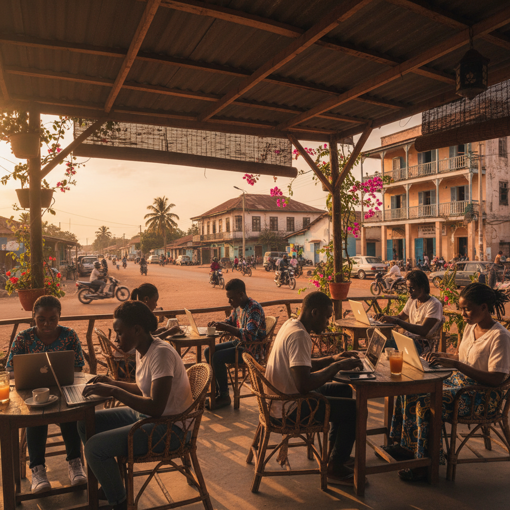 people working on laptops in a cafe in Bissau, natural light, authentic feel