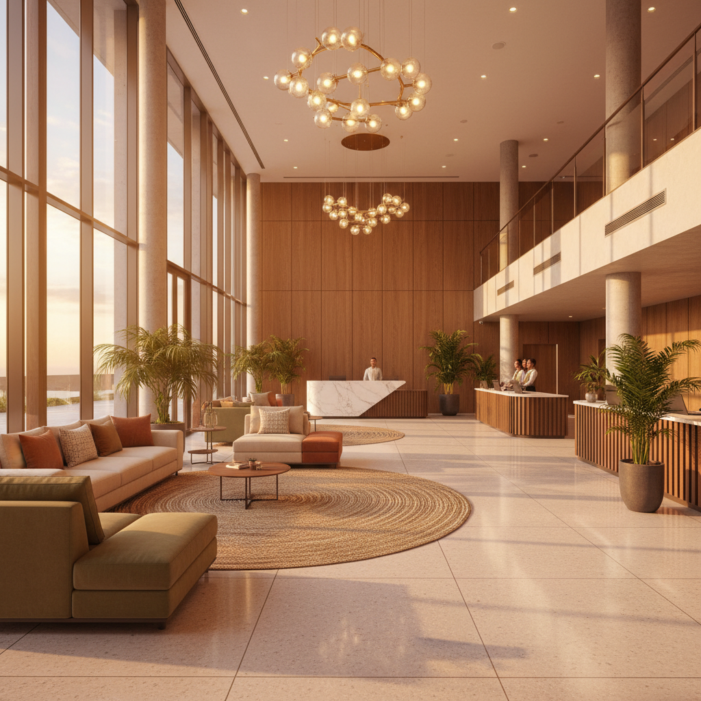 modern hotel lobby in Bissau, clean lines, natural light, welcoming