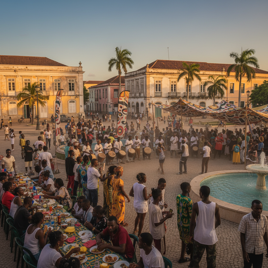 diverse group of people gathering for a community event in Bissau, daytime, inclusive atmosphere