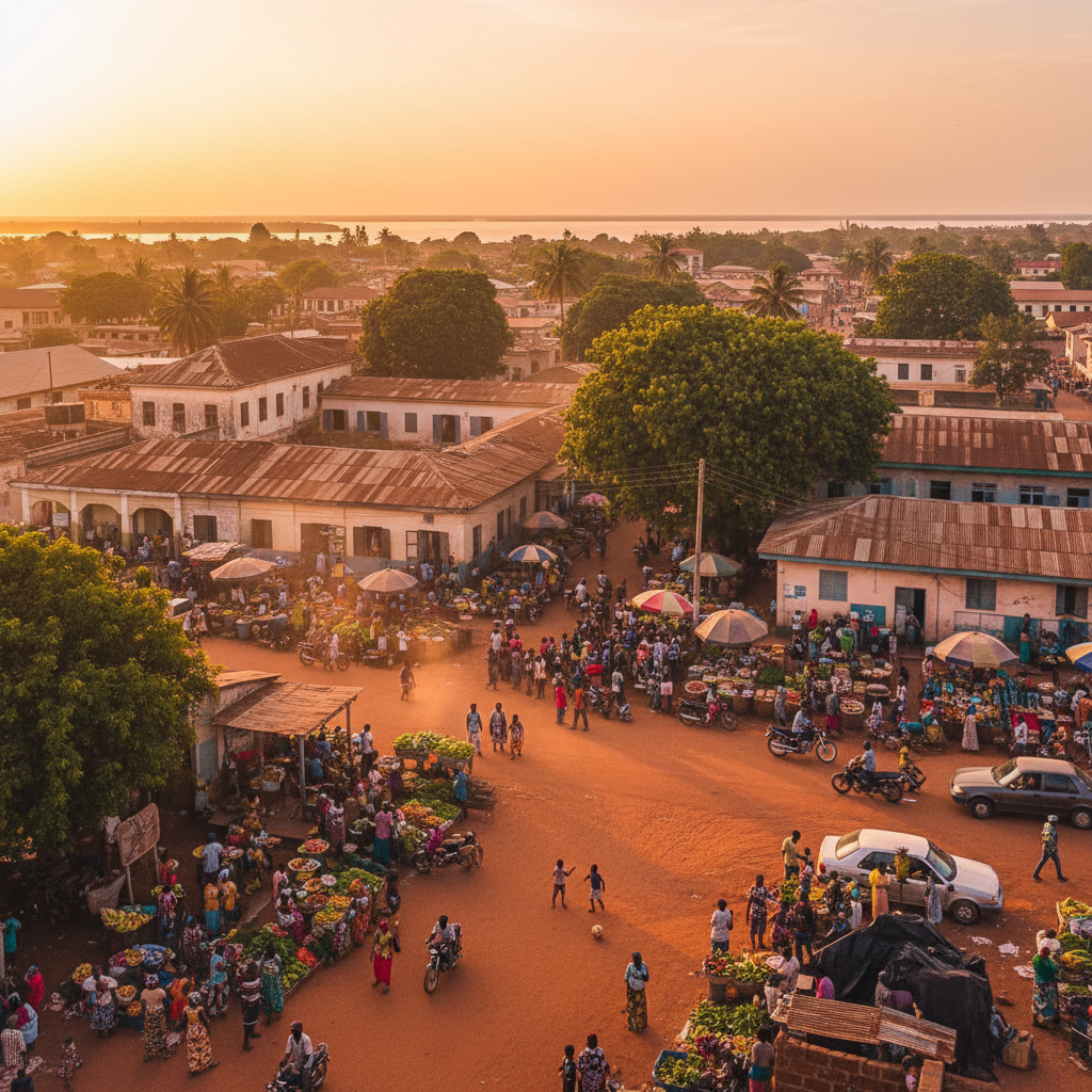 overview of Bissau streets with people interacting, wide shot, natural light, documentary style