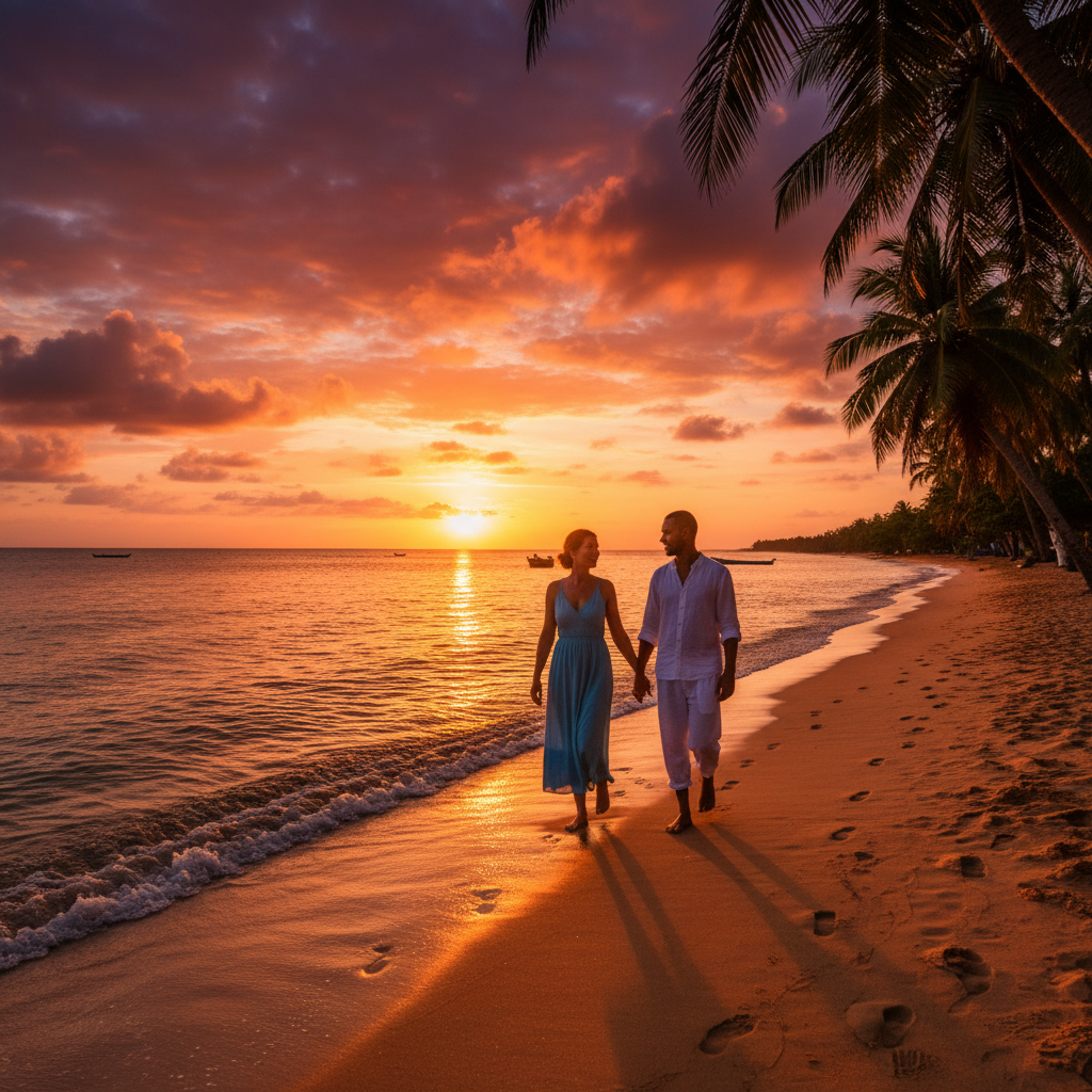 couple walking hand-in-hand on a beach near Bissau at sunset, romantic, serene
