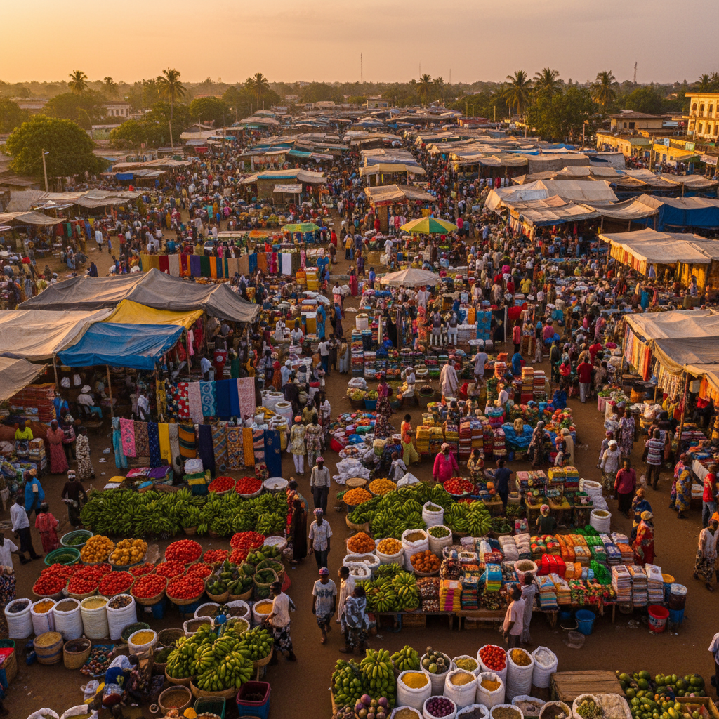 bustling market scene in Bissau with colorful textiles and produce, overhead shot, vibrant