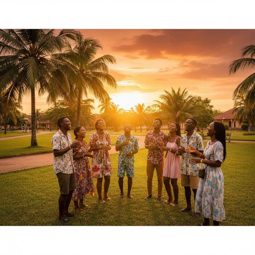 group of young adults laughing and talking in a park in Bissau, golden hour, candid