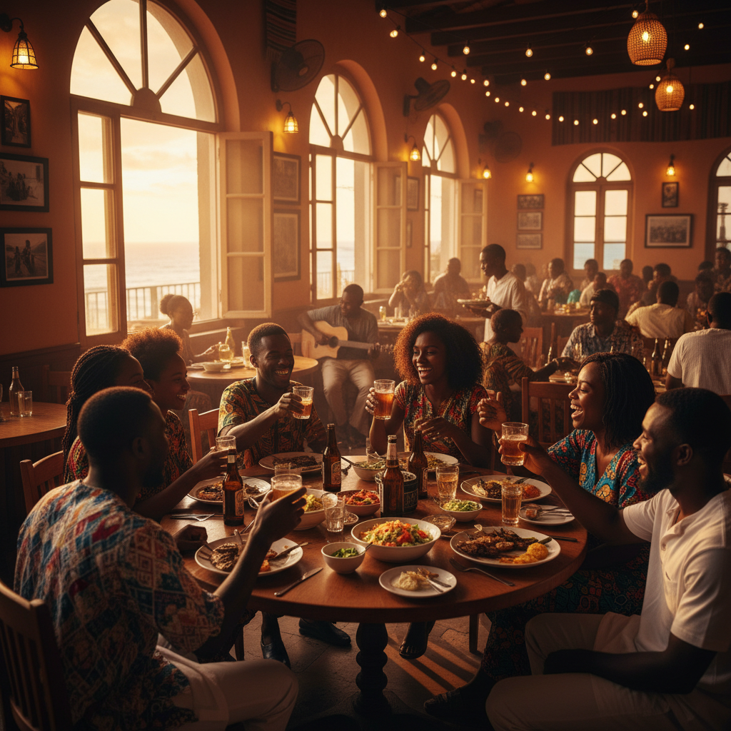 interior of a lively restaurant in Bissau with friends dining, warm lighting, energetic atmosphere