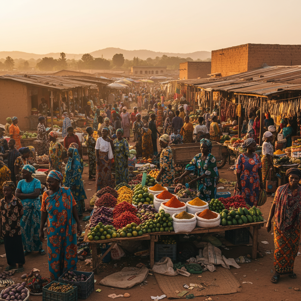 bustling market scene in Guinea, vibrant colors, people interacting