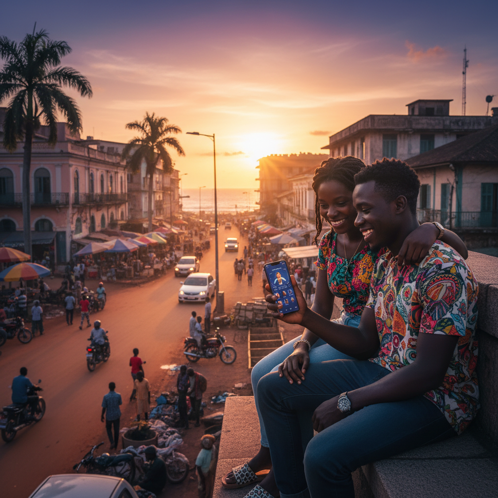 couple using dating app on phone in Guinea, urban setting
