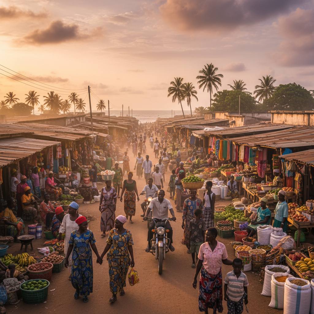shopping street in Guinea with local vendors and customers