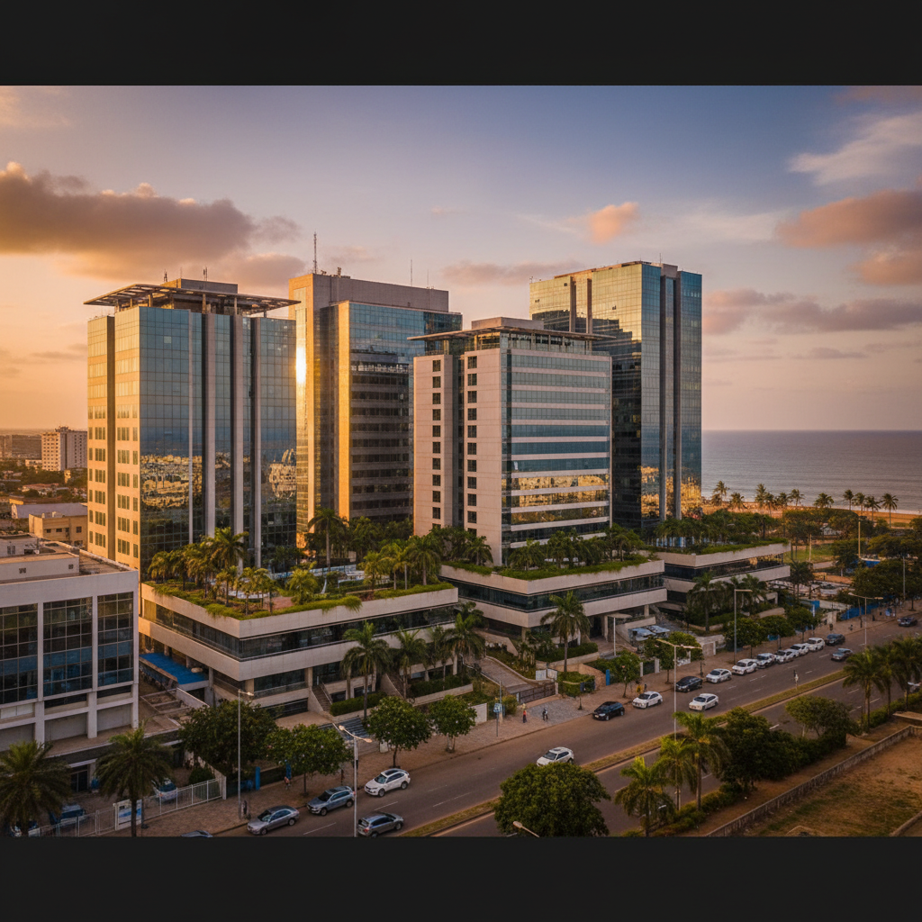 modern office buildings in Guinea, daytime, horizontal