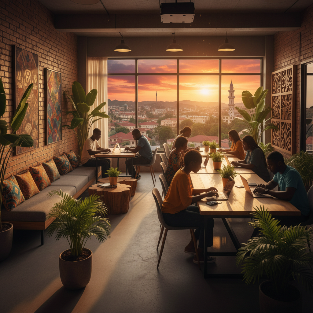 people working on laptops in a co-working space in Guinea