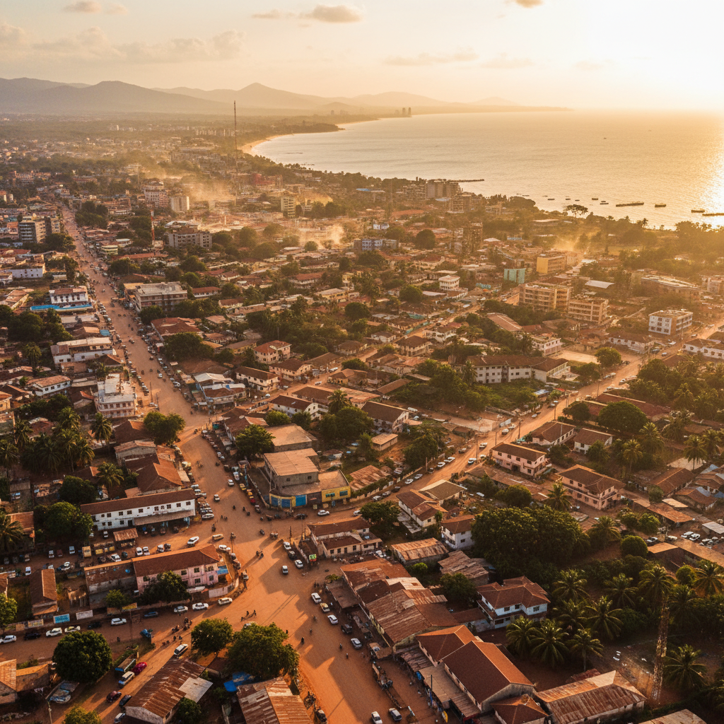 overview of Conakry streets, Guinea, daytime, wide shot