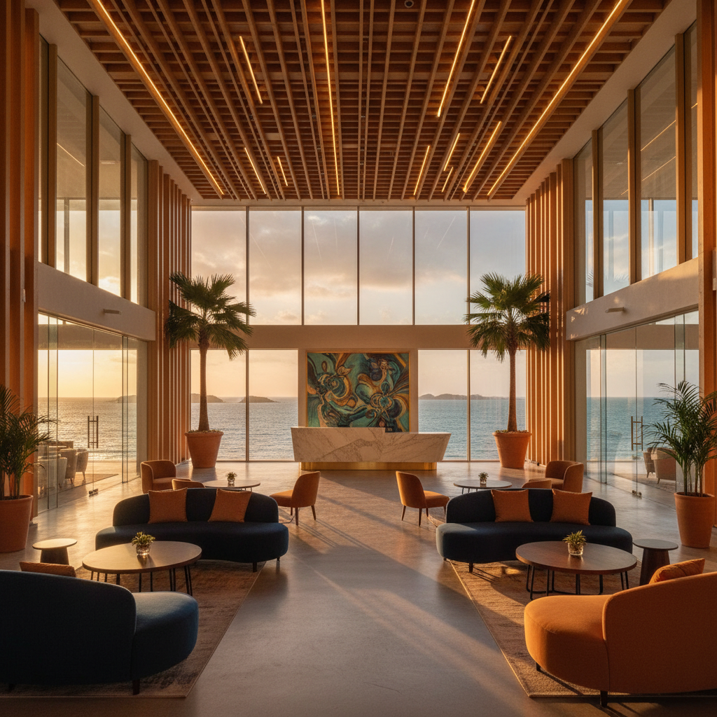 modern hotel lobby in Conakry, Guinea, interior, clean lines