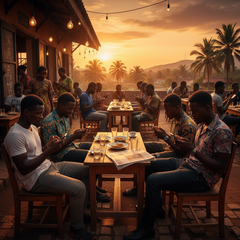 young adults in Guinea using smartphones in a cafe, candid
