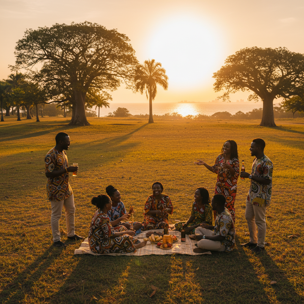 group of friends socializing at a park in Guinea, relaxed atmosphere