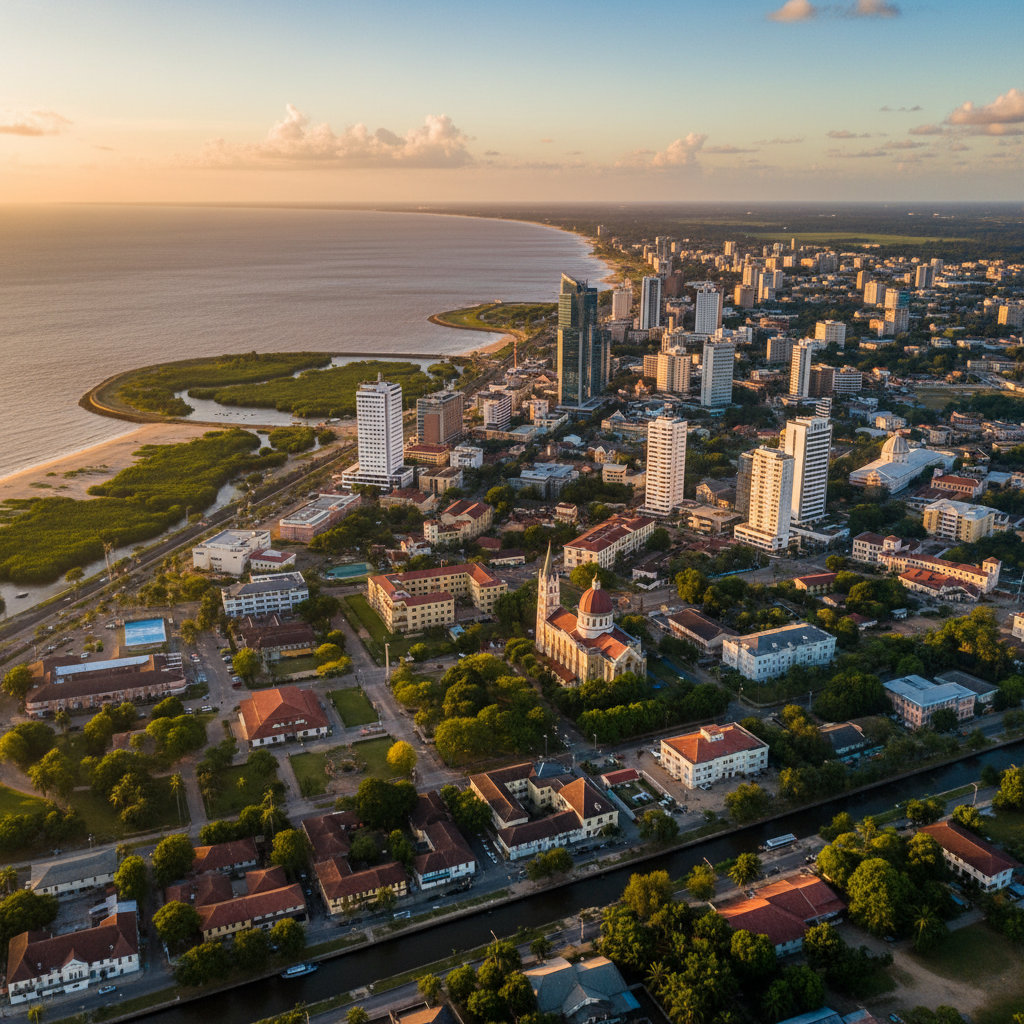 Aerial view of Georgetown, Guyana, showcasing city skyline and coastal areas, sunny day, high angle