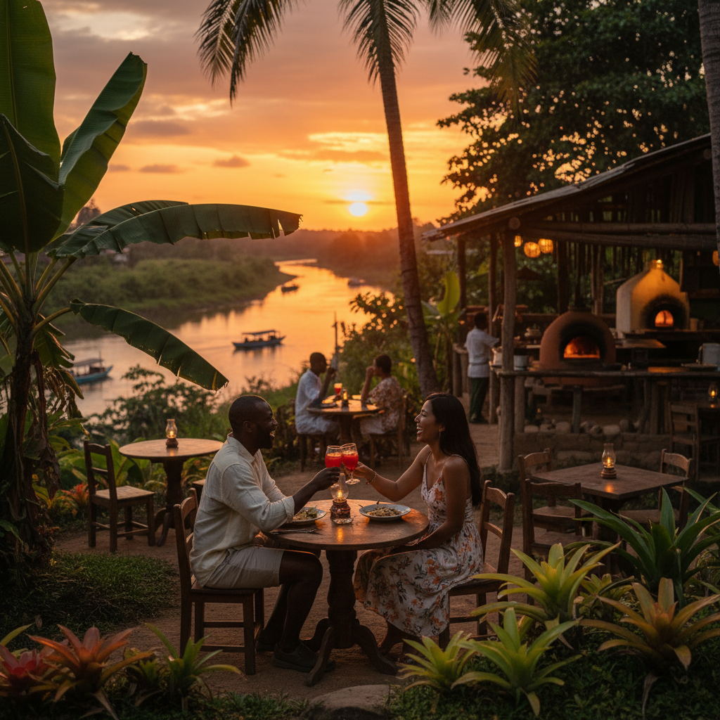 Couple enjoying a date at a casual restaurant in Guyana, dimly lit, intimate setting, shallow depth of field