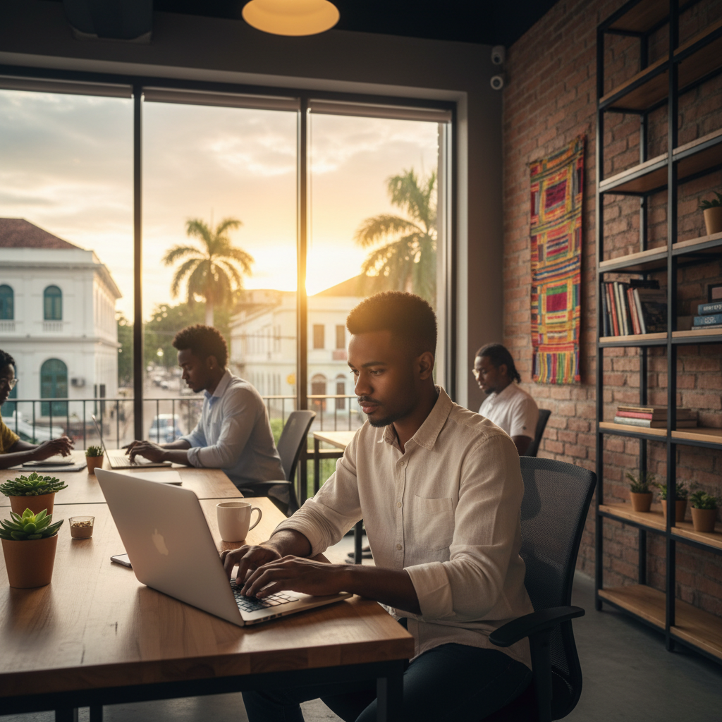 Young entrepreneur working on a laptop in a co-working space in Guyana, focused expression, modern environment