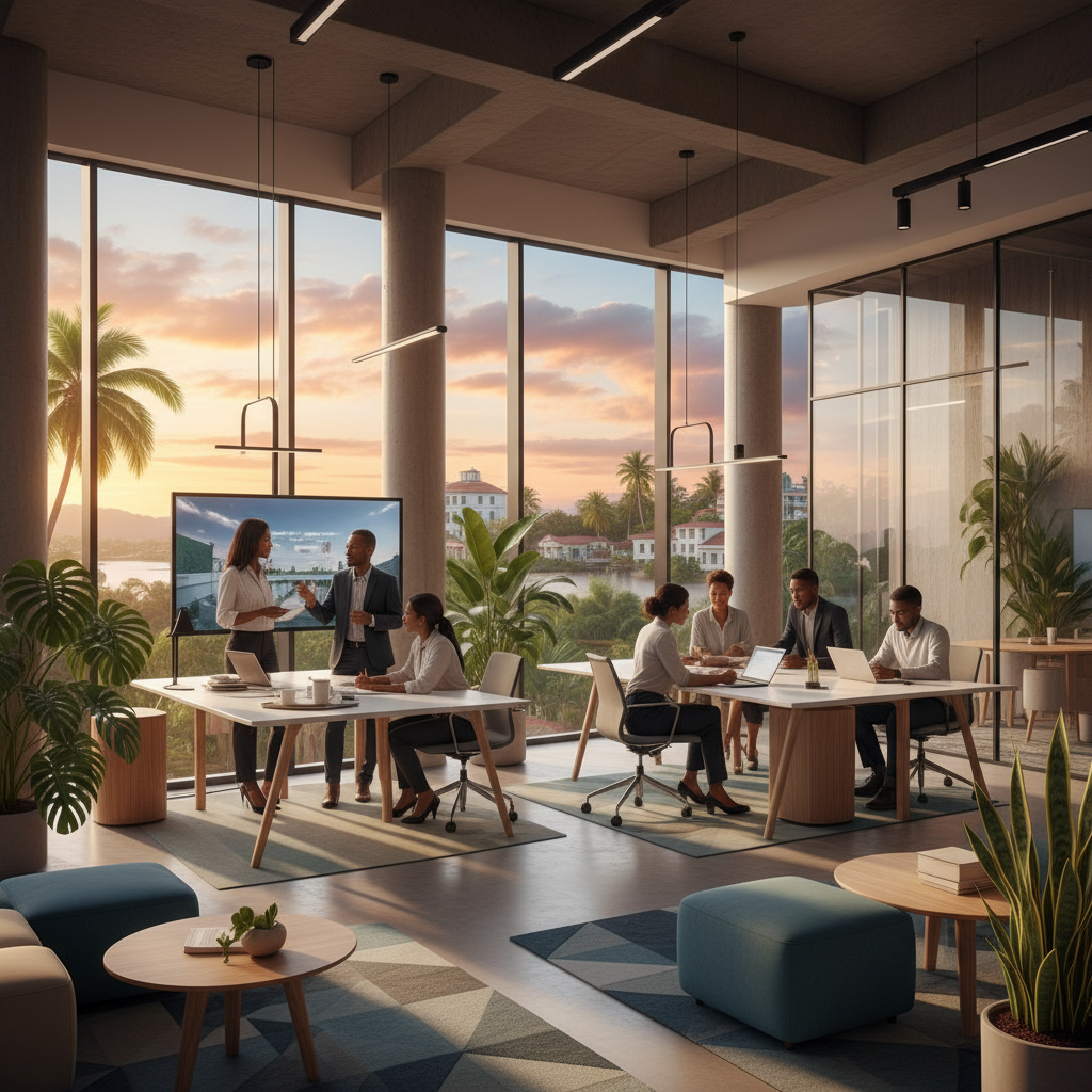 Modern office space in Georgetown, Guyana, with professionals collaborating, daylight, clean aesthetic