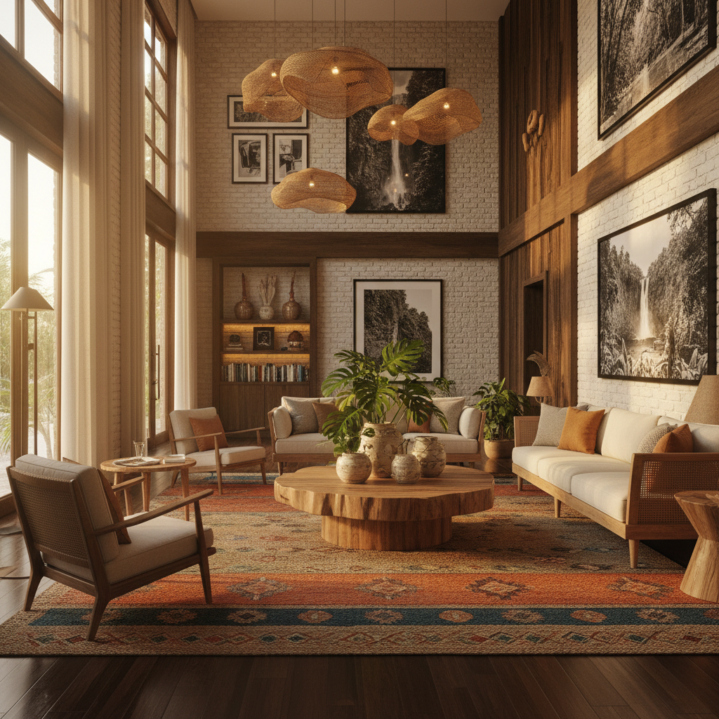 Interior of a boutique hotel in Guyana, stylish decor, comfortable furnishings, natural light