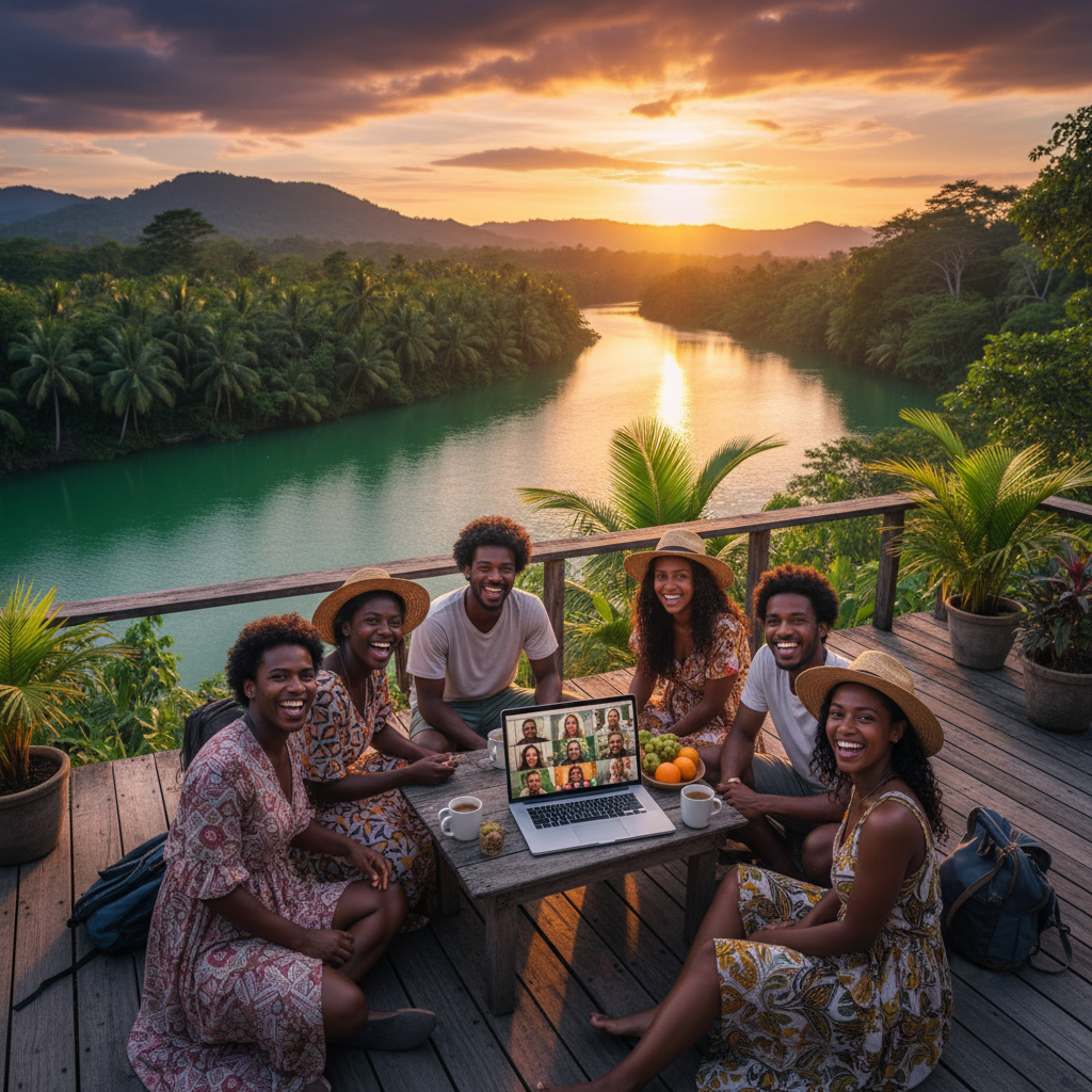 Group of friends from Guyana joining an online video call on a laptop, smiling faces, casual setting