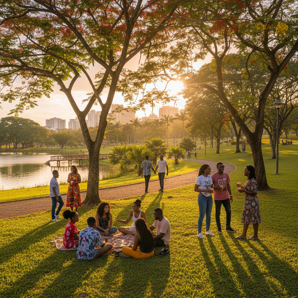 Diverse group of young Guyanese adults socializing outdoors in a park, natural light, wide shot, vibrant atmosphere