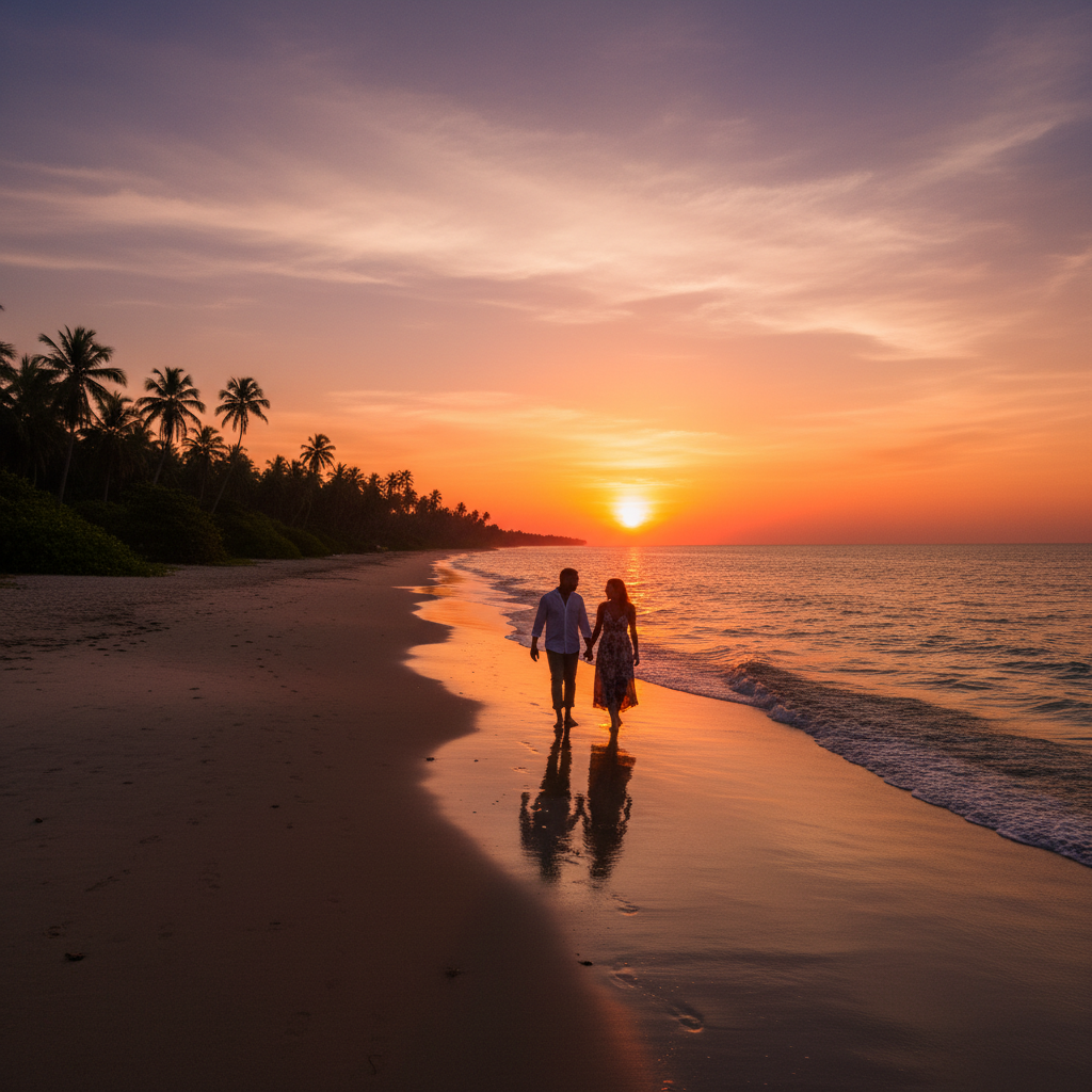 Romantic sunset walk along a Guyanese beach, silhouettes of a couple, golden hour lighting