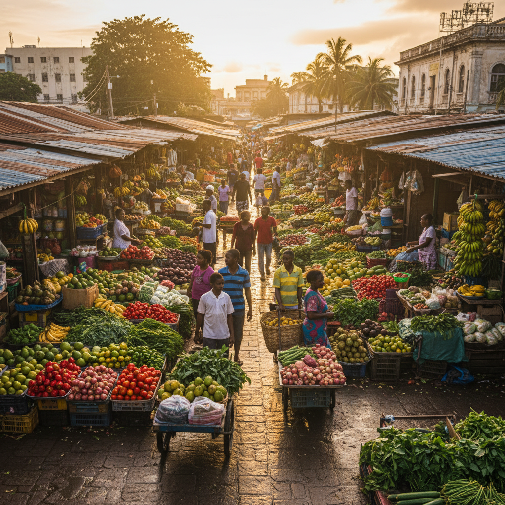 Bustling local market in Guyana, vendors selling produce, shoppers interacting, colorful scene