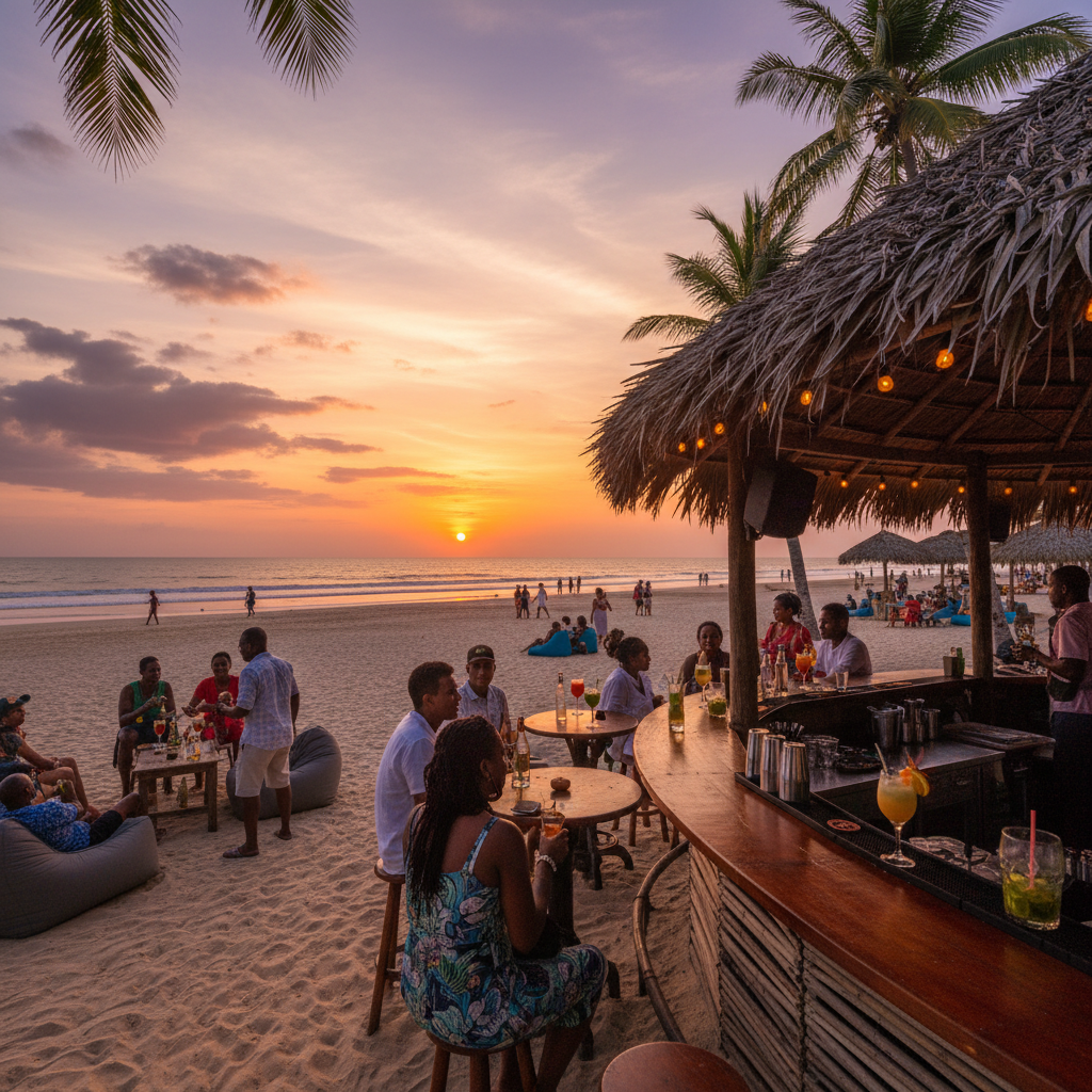 Beachfront bar scene in Guyana at sunset, people mingling, relaxed ambiance, warm tones