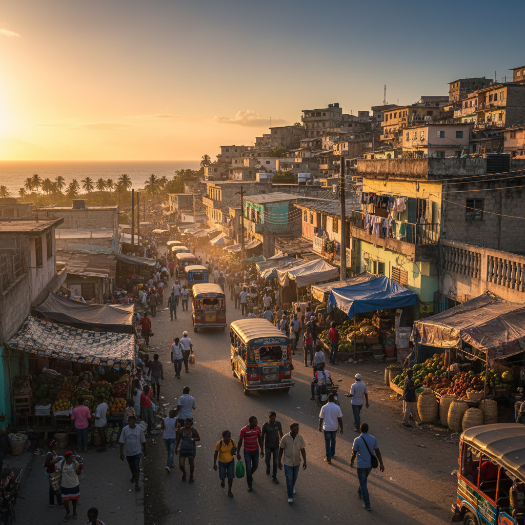 Haitian city street life horizontal