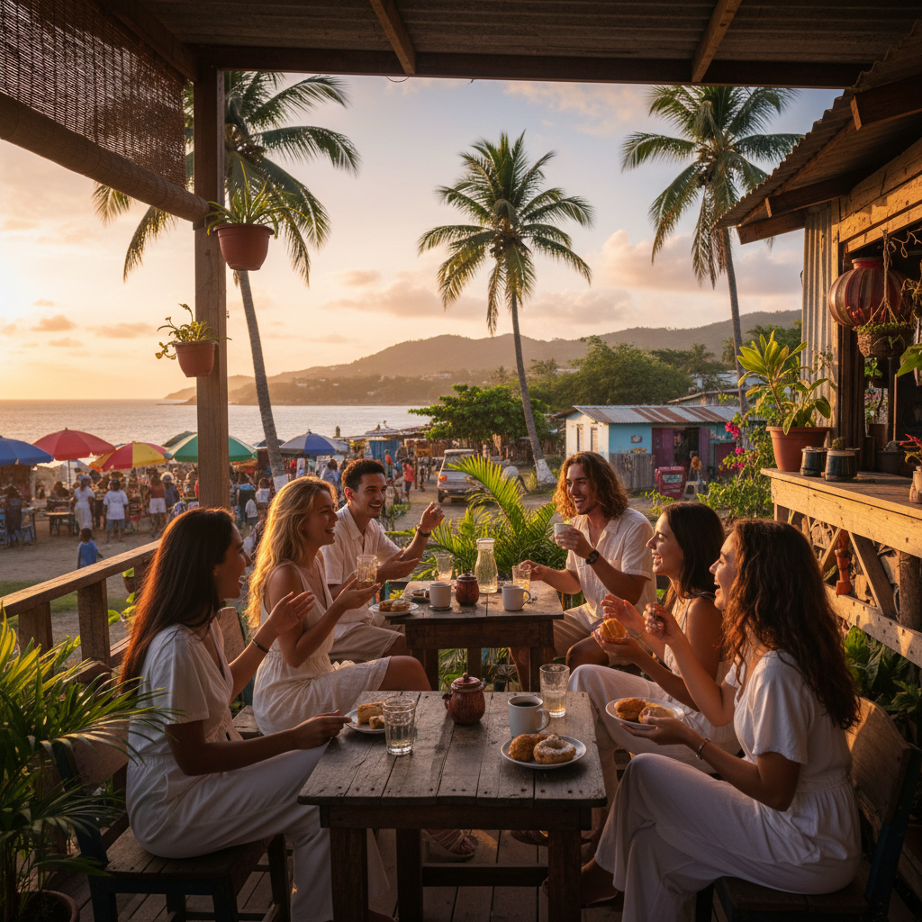 Young adults meeting at outdoor cafe Haiti horizontal