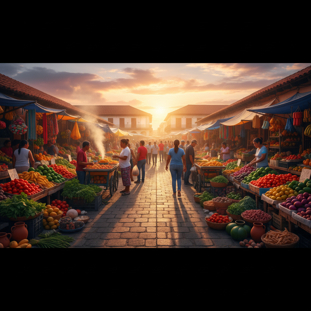 Busy market scene in San Pedro Sula, Honduras, vibrant colors, people interacting, horizontal