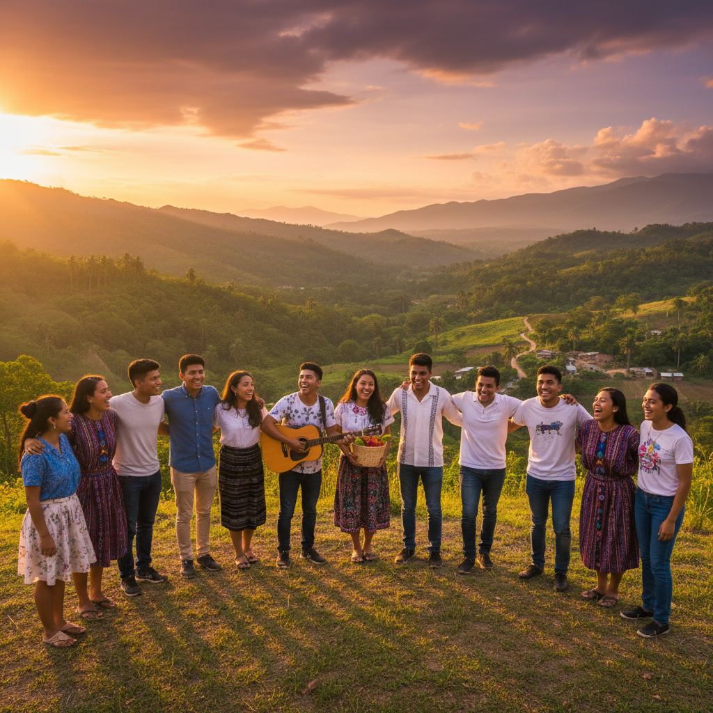 Diverse group of young Hondurans smiling and engaging, symbolizing community, horizontal