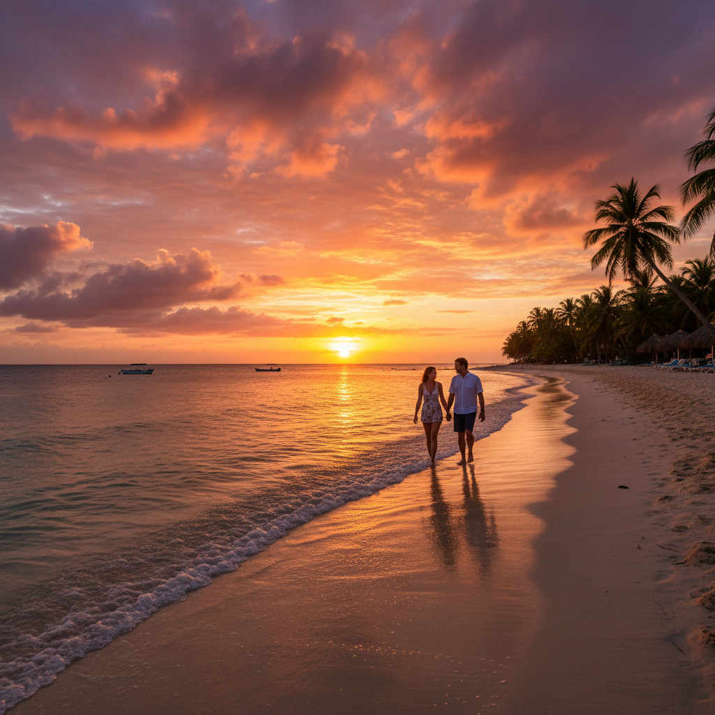 Roatan Honduras Bay Islands sunset palm trees Caribbean golden hour