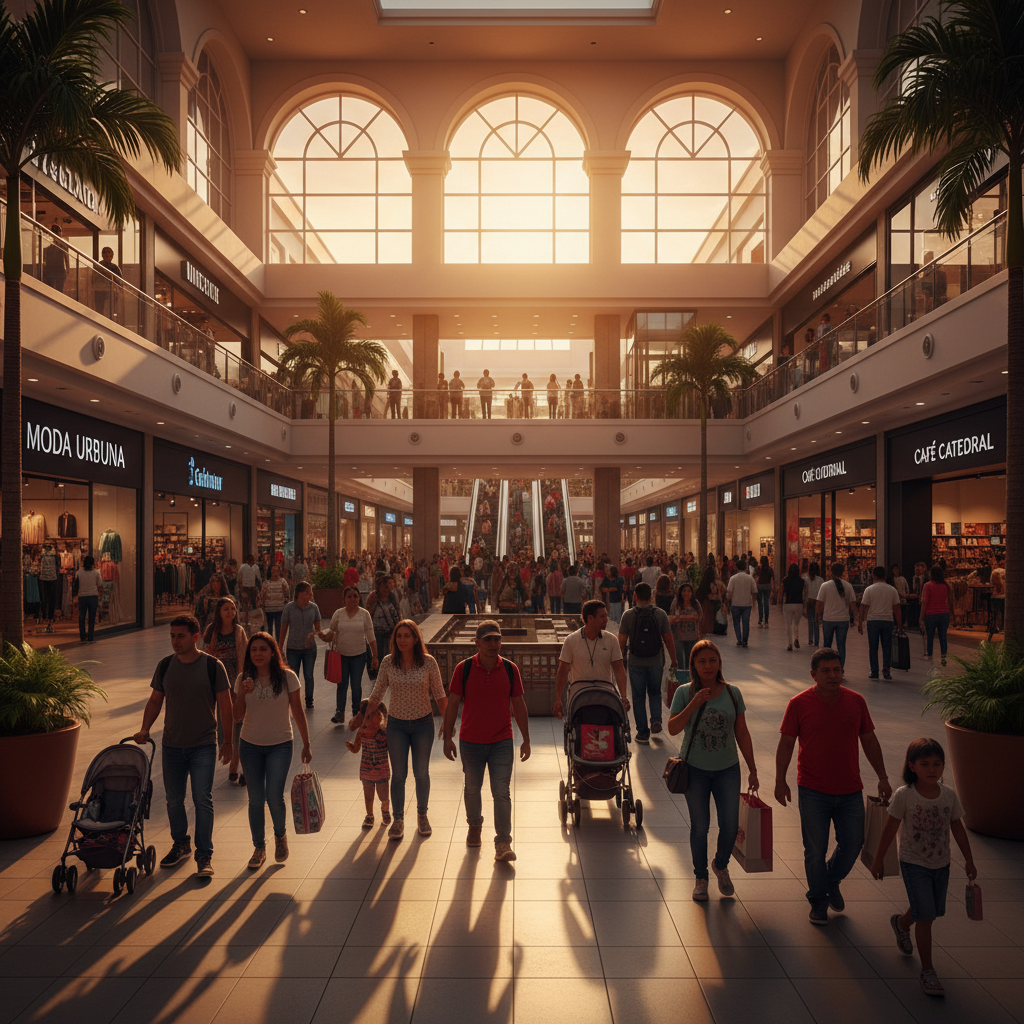 Crowded shopping mall in Tegucigalpa, Honduras, with various stores and shoppers, horizontal