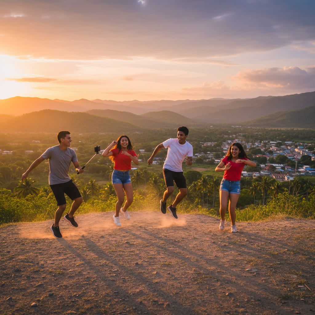 Young adults in Honduras participating in a viral dance challenge on TikTok, energetic, horizontal