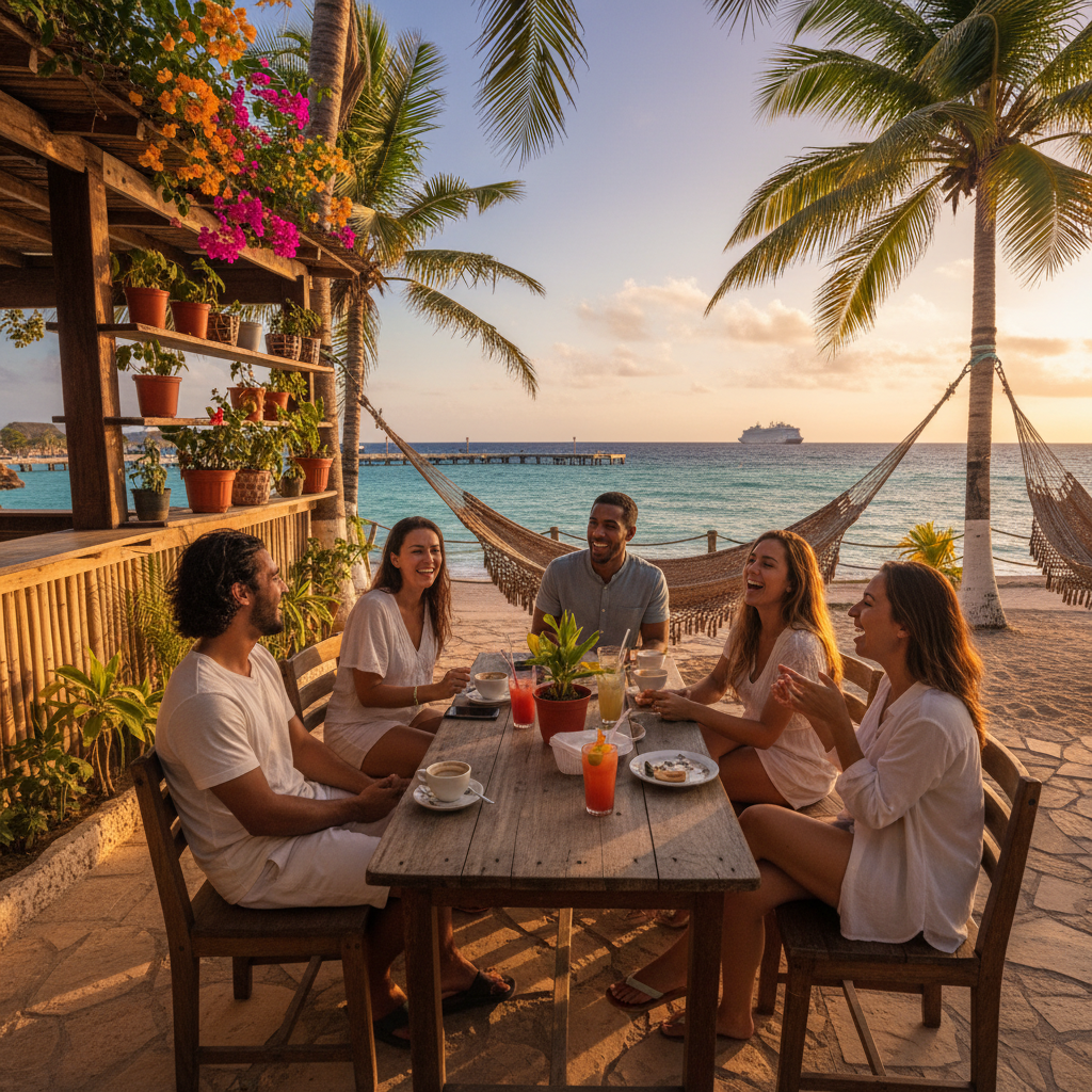 Group of friends laughing and talking at a cafe in La Ceiba, Honduras, relaxed atmosphere, horizontal
