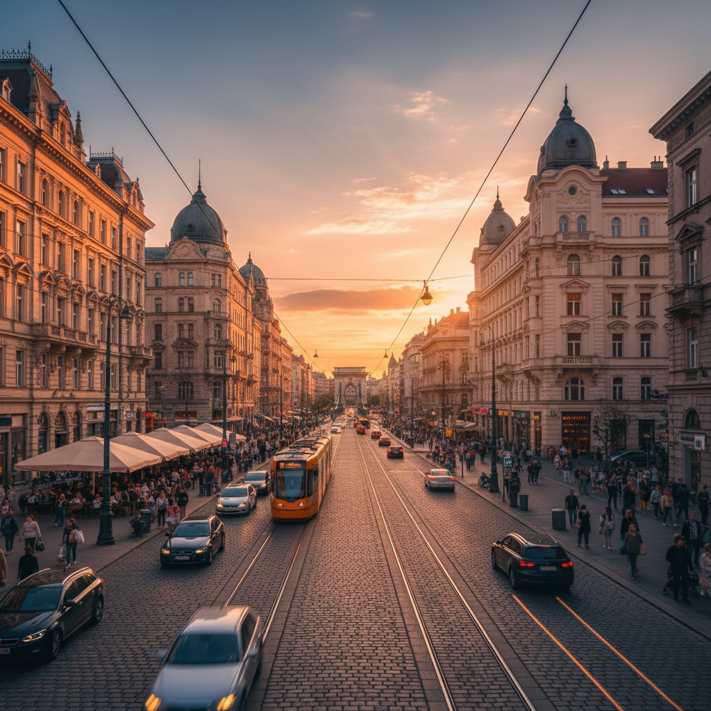 Street view of a bustling city center in Hungary, horizontal