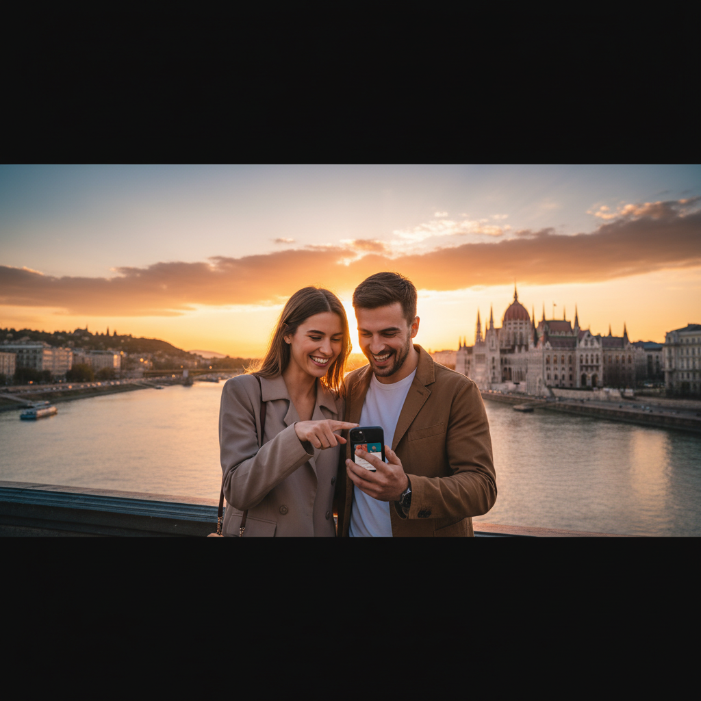 Couple looking at a smartphone together, representing online dating in Hungary, horizontal