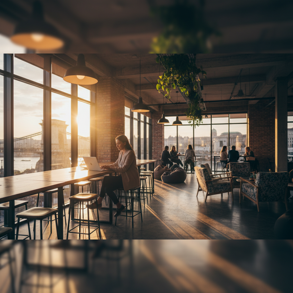 Person working on a laptop in a modern co-working space in Hungary, horizontal