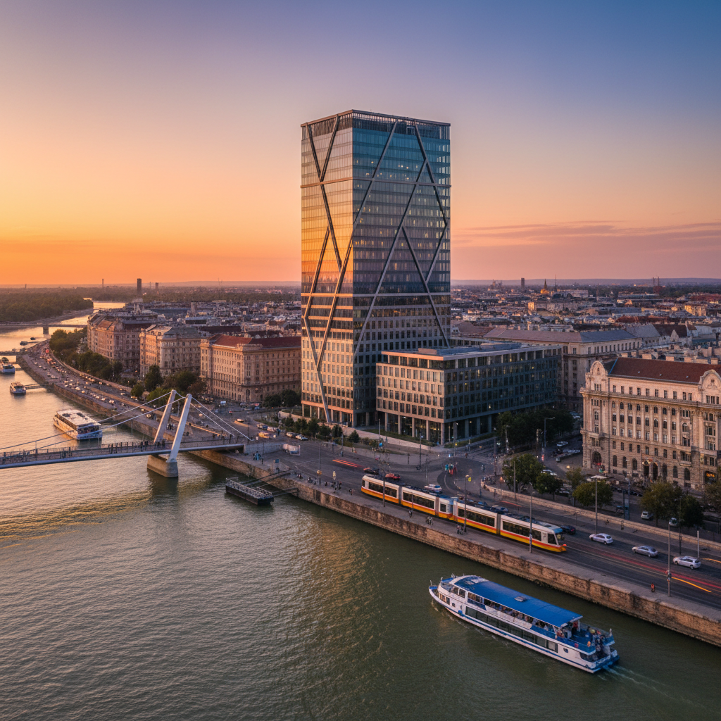 Modern office building in a Hungarian city, representing economy, horizontal