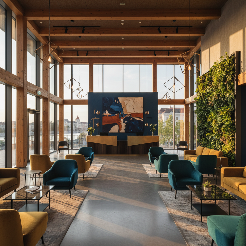 Stylish hotel lobby in Hungary, modern design, horizontal