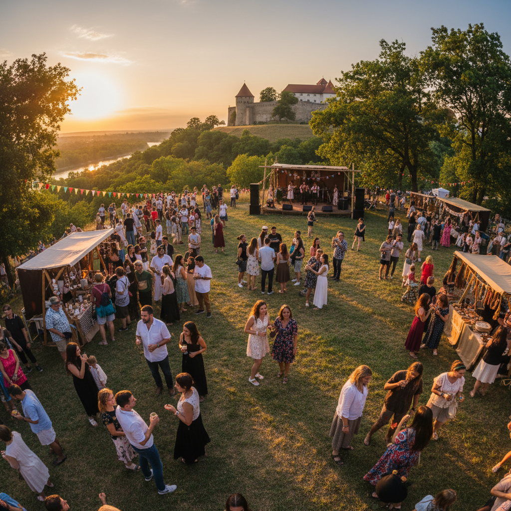 Diverse group of people socializing at an outdoor festival in Hungary, horizontal
